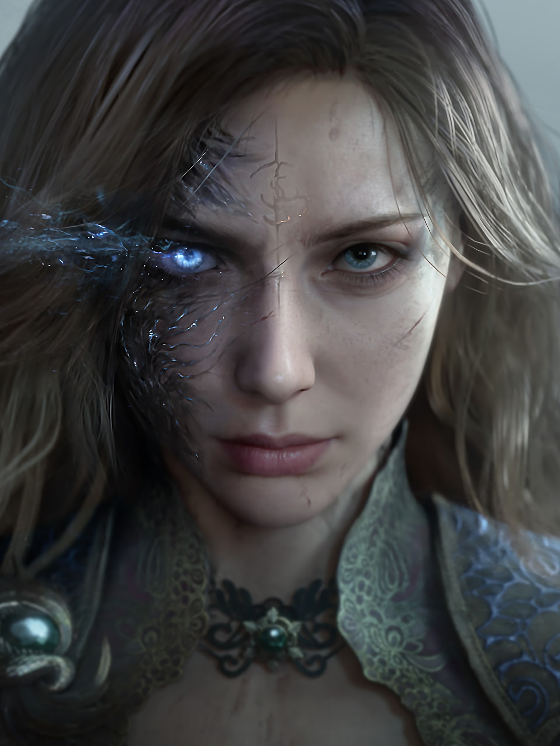Tides of Annihilation cover art showing a female character in dark fantasy armor with blue eyes, facial markings, and a calm, focused expression.