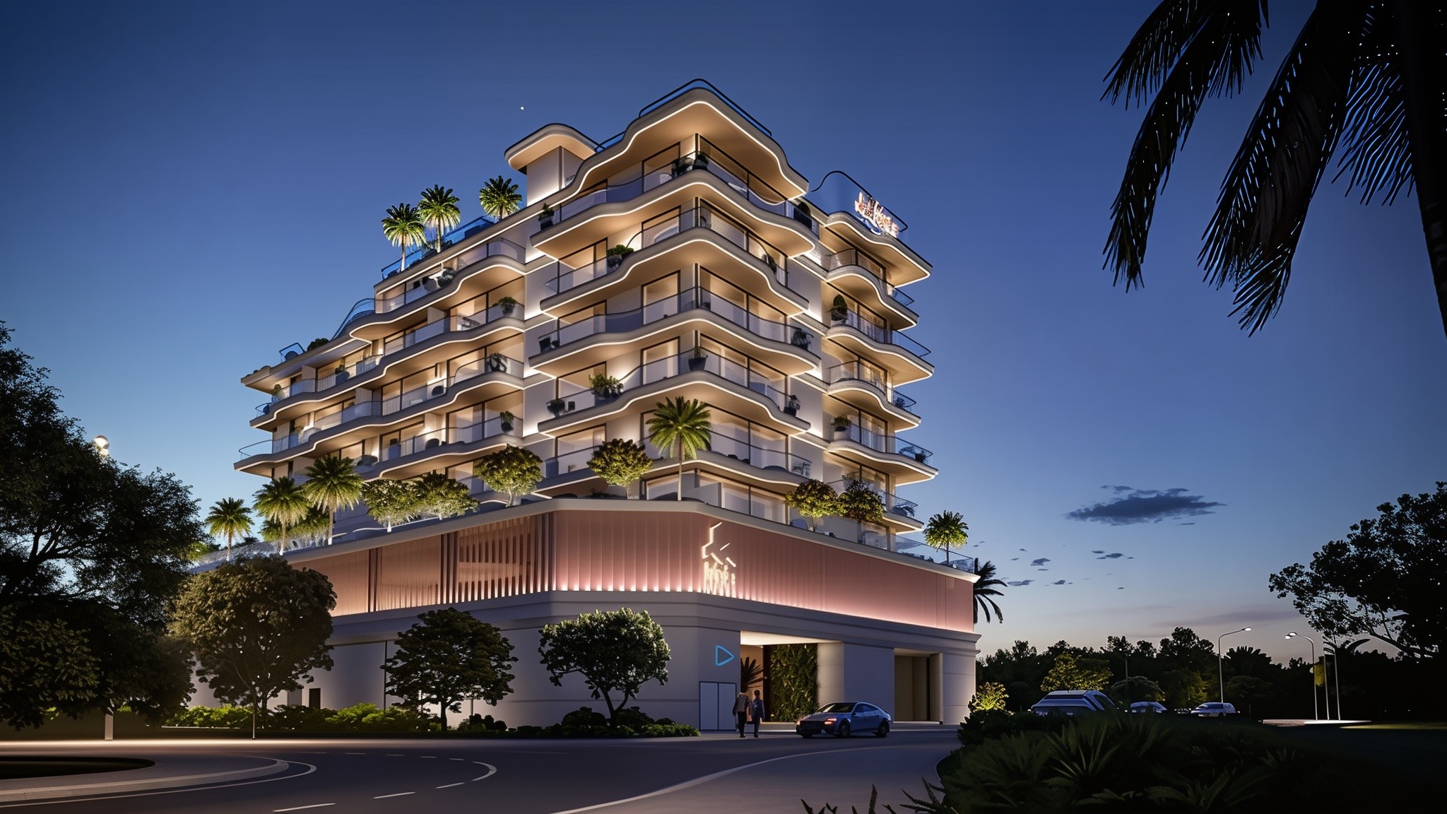  A tall building named Marea Residences featuring a lush green rooftop garden filled with various plants.