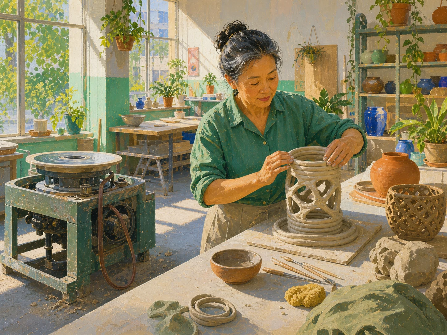 A potter switches to hand-building clay when a detached wheel belt makes the original plan unavailable.