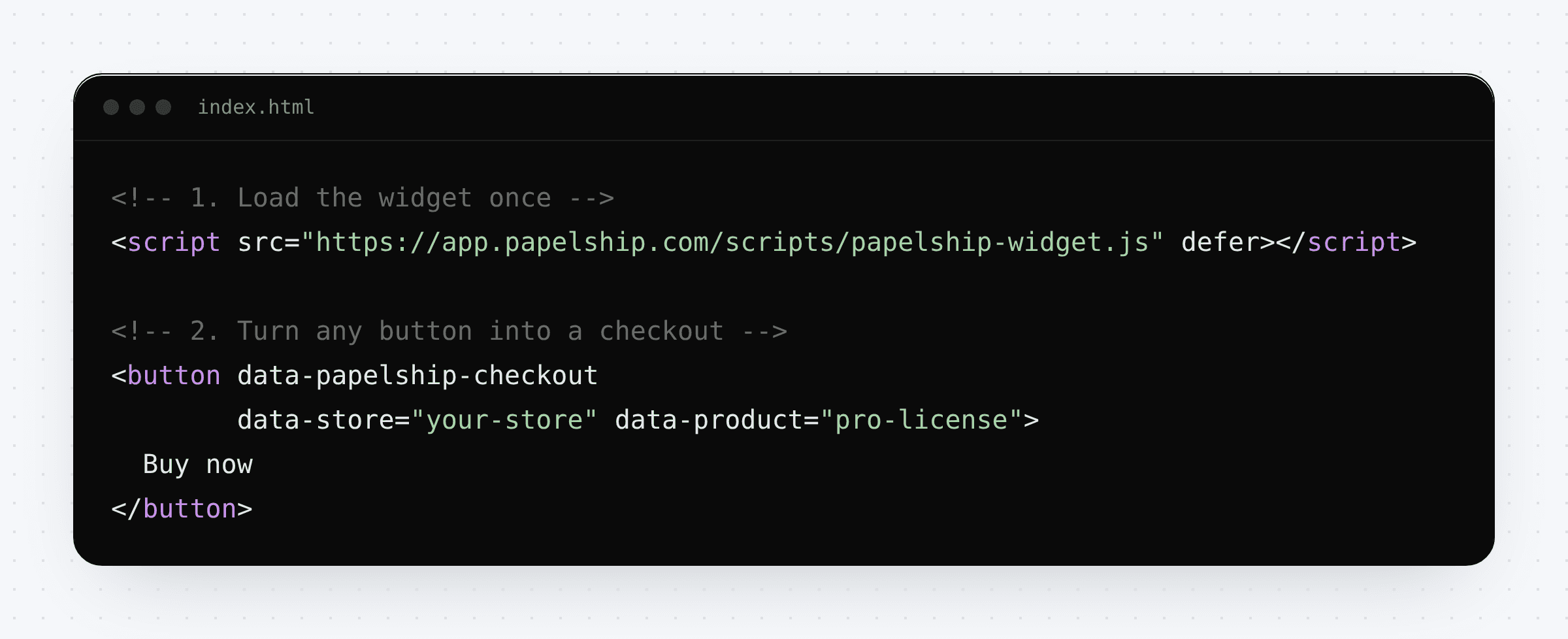 Two-step code snippet: load the PapelShip widget script, then add data-papelship-checkout with store and product attributes to a button