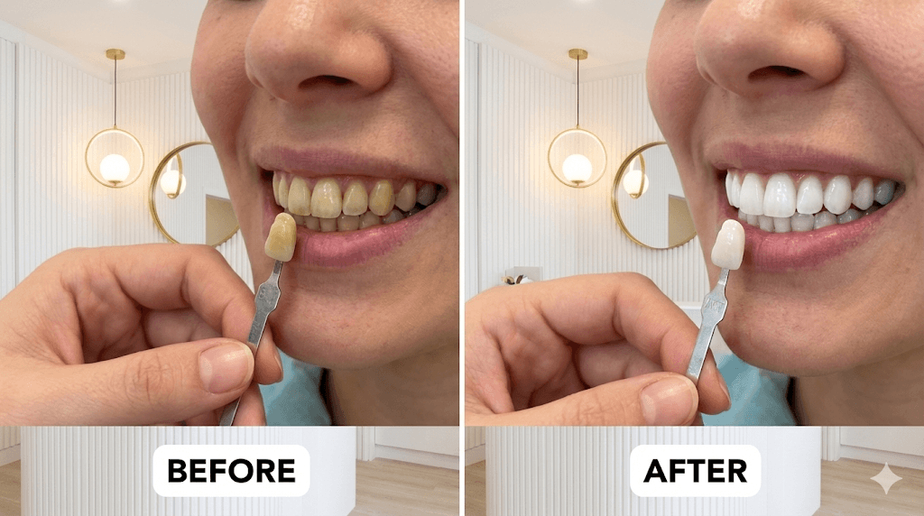 A before-and-after shade comparison chart showing a tooth moving from a yellowed shade to a bright, natural white.