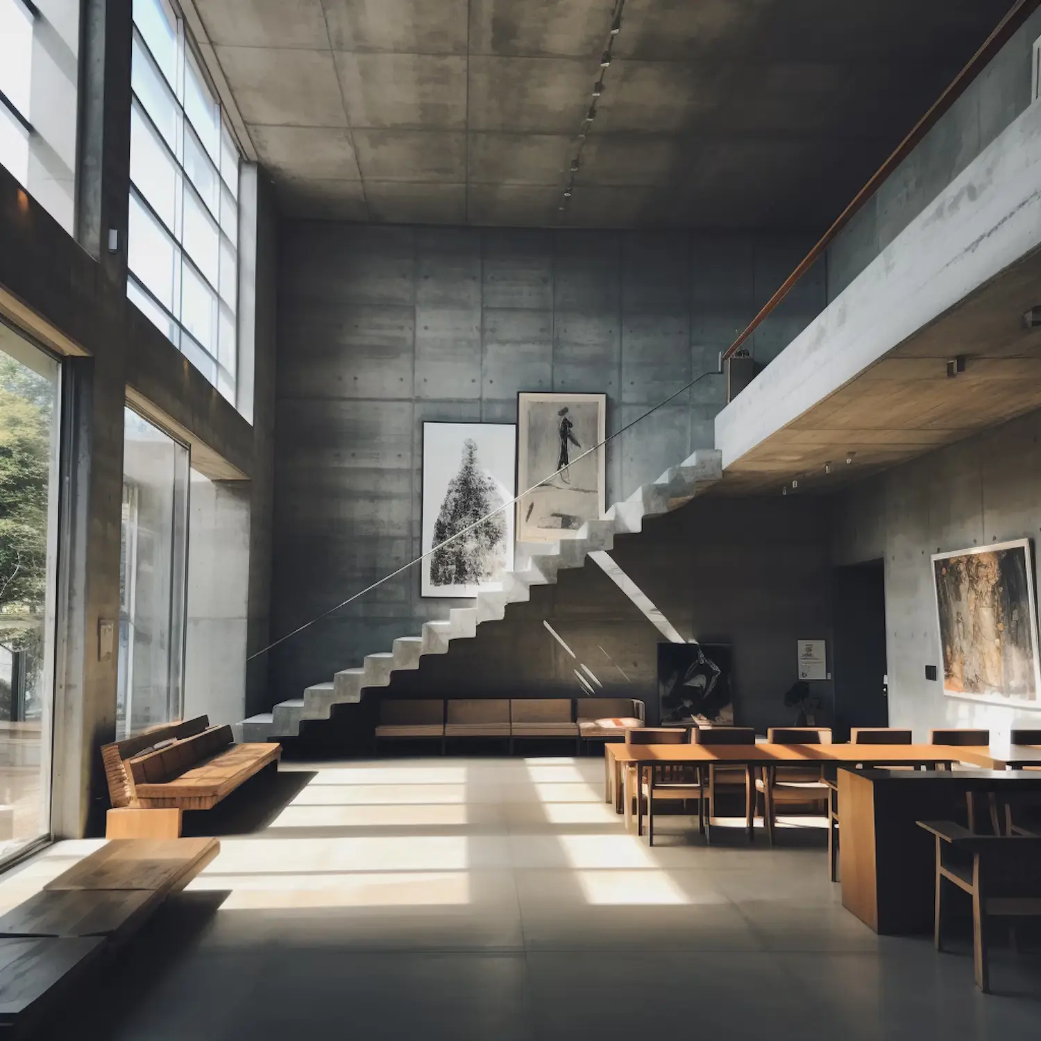 Large modern interior space with concrete walls