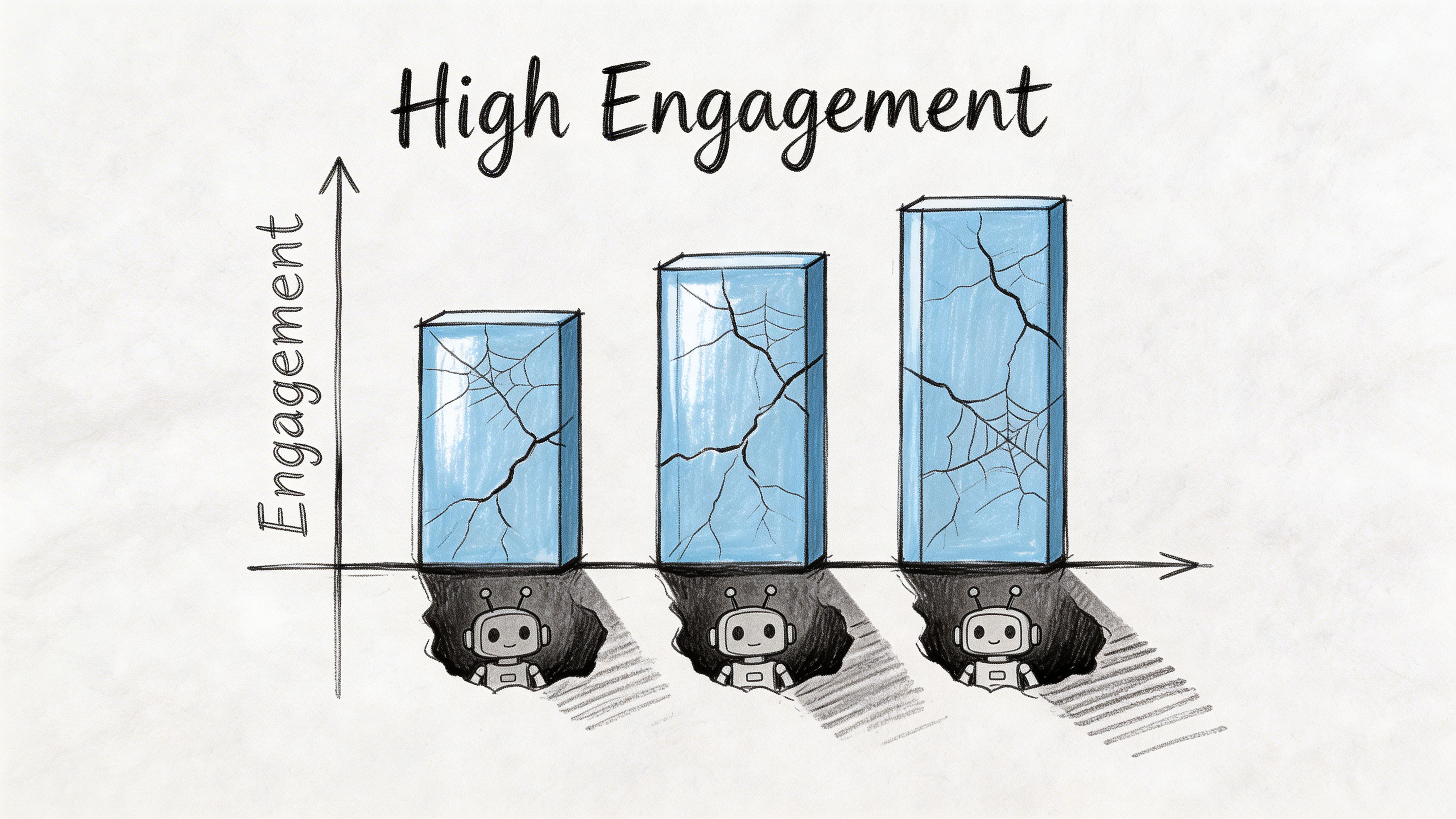 A conceptual bar chart illustration showing rising engagement levels represented by broken, spiderwebbed blue glass blocks.