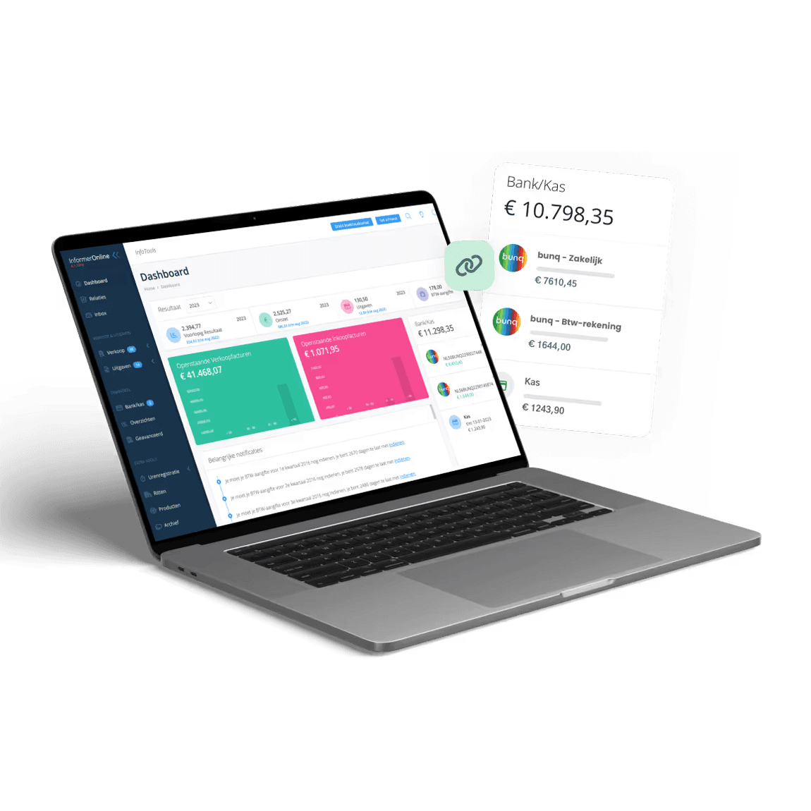 Een laptop toont een kleurrijk data-analyse dashboard naast een rapport met grafieken en diagrammen.