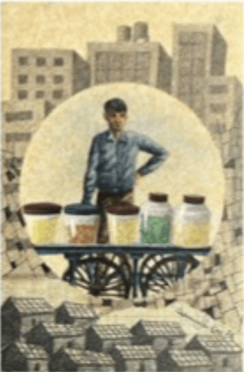 herd of sheep on road painting