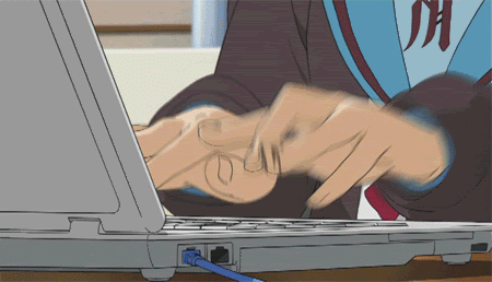 An anime of young man using a laptop working