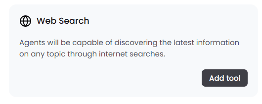 Tool card: Web Search with a one-line description and an Add tool button