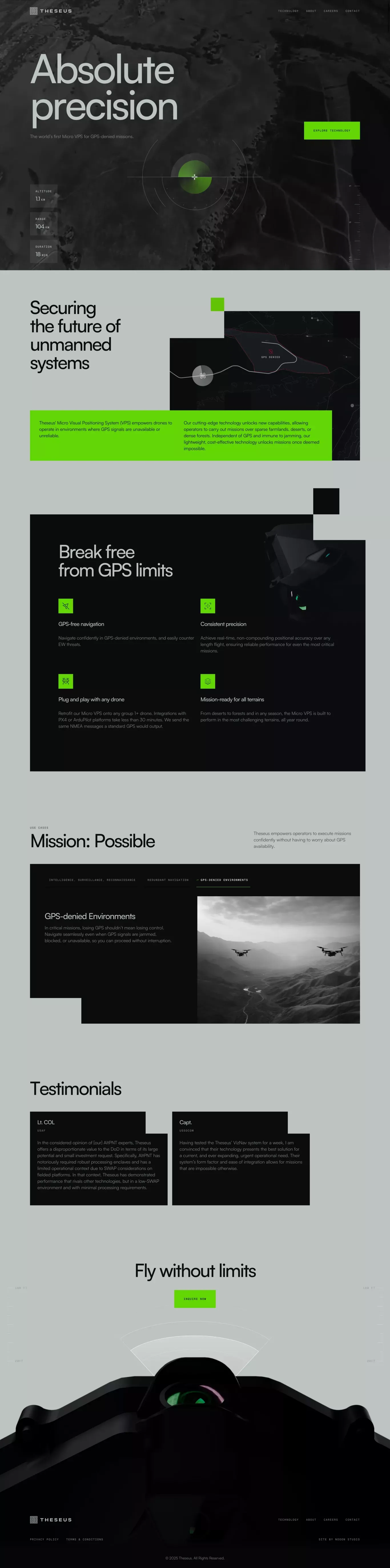 THESEUS landing page screenshot showcasing Tech design