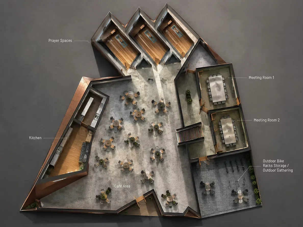 Floor Plan — Cafe, Meeting Rooms, Prayer Rooms & Outdoor Spaces