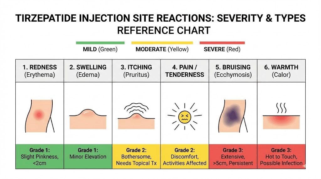 Types of tirzepatide injection site reactions including redness, itching, swelling, bruising, lumps, and burning