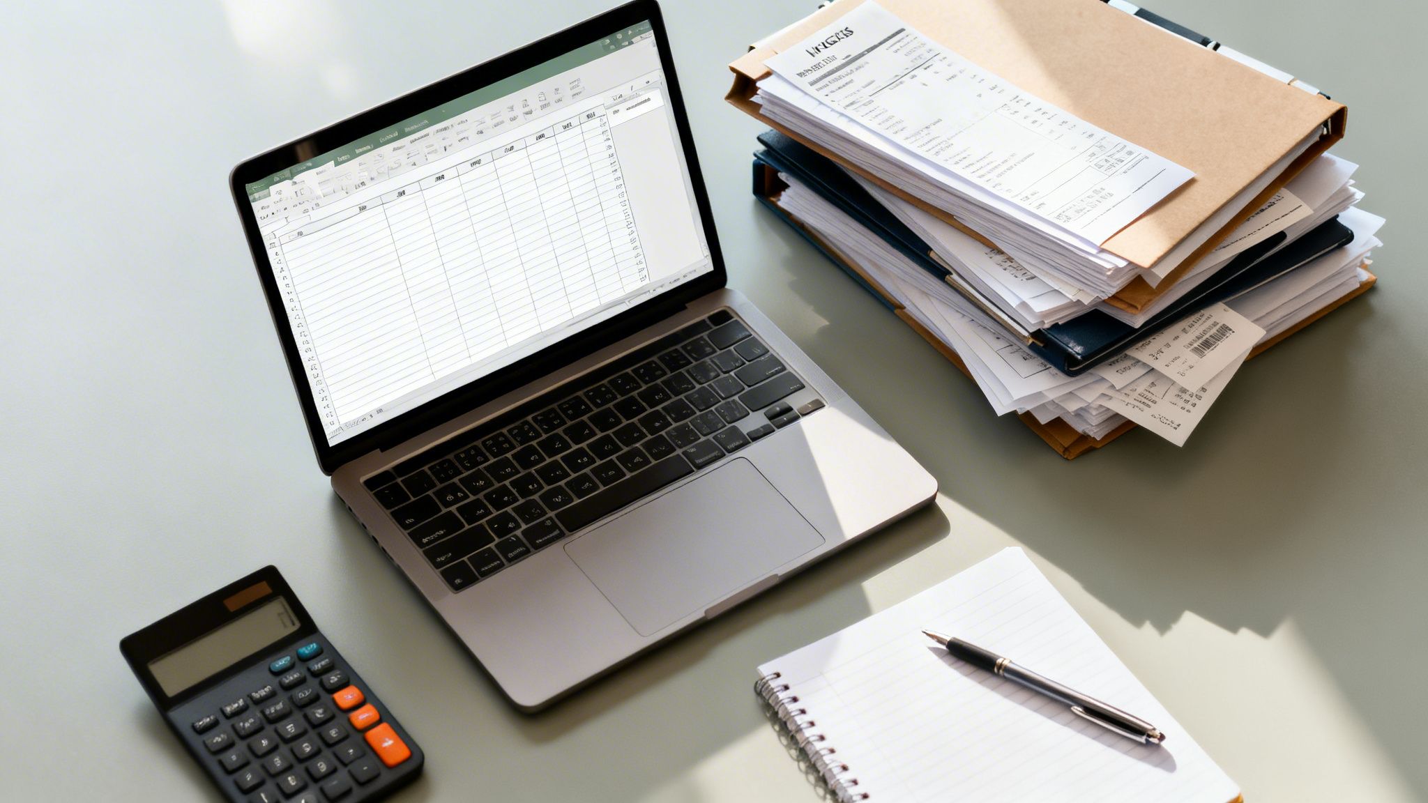 Arbetsplats med en laptop som visar ett kalkylblad, en miniräknare, pärmar och anteckningsblock.
