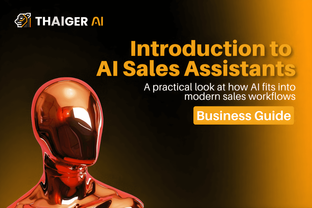 Thaiger AI business guide cover featuring a metallic red humanoid bust and the title "Introduction to AI Sales Assistants.