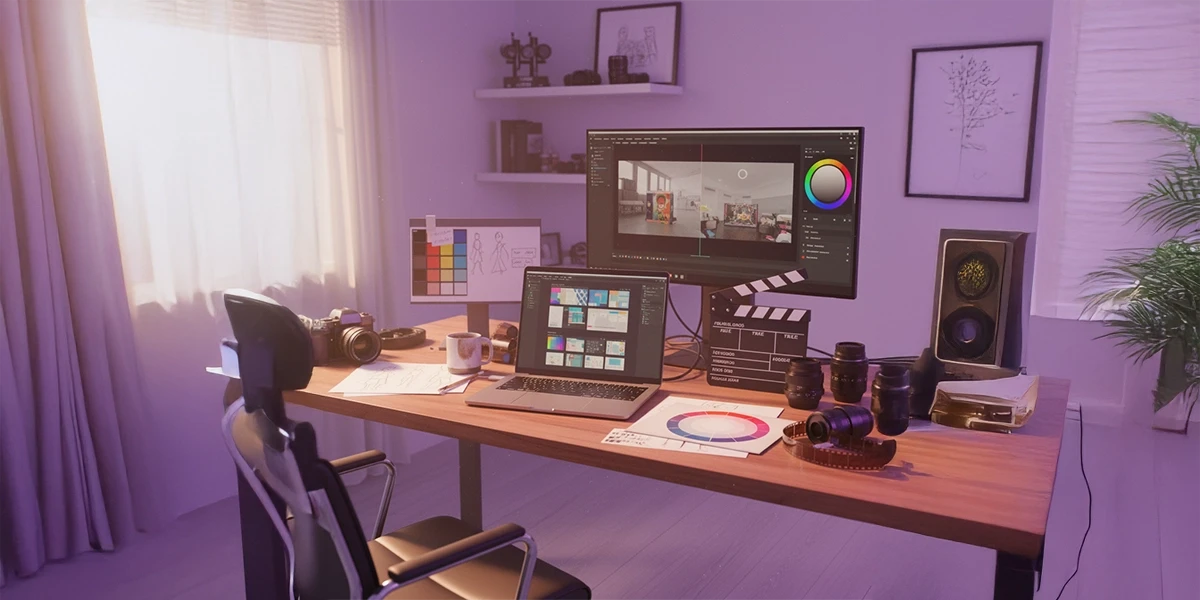 A creative studio workspace with a laptop displaying UI designs, surrounded by film production tools like a clapperboard, camera lenses, and a color grading monitor, all under soft purple ambient lighting.