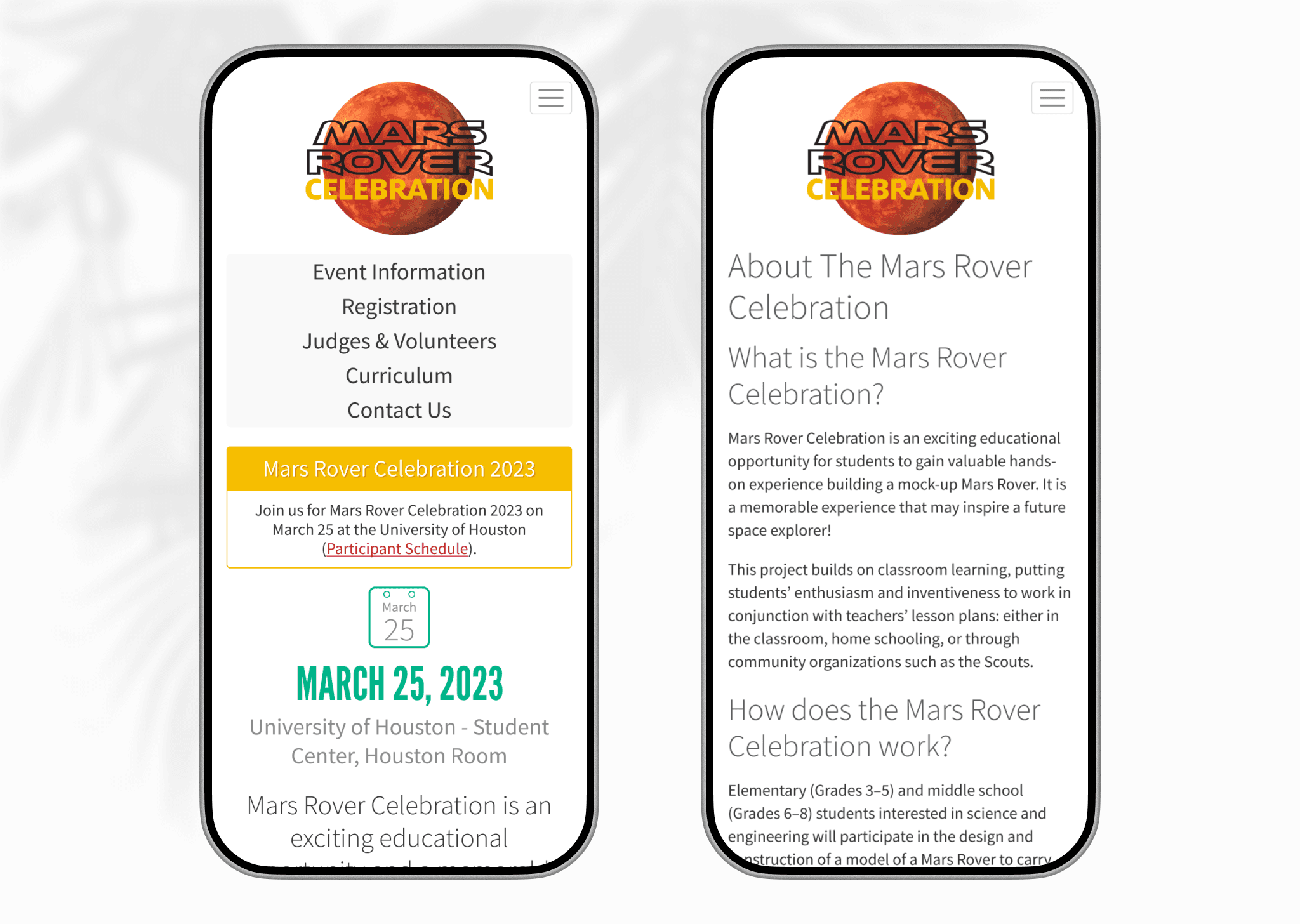 Website homepage (L) and About page (R) on mobile