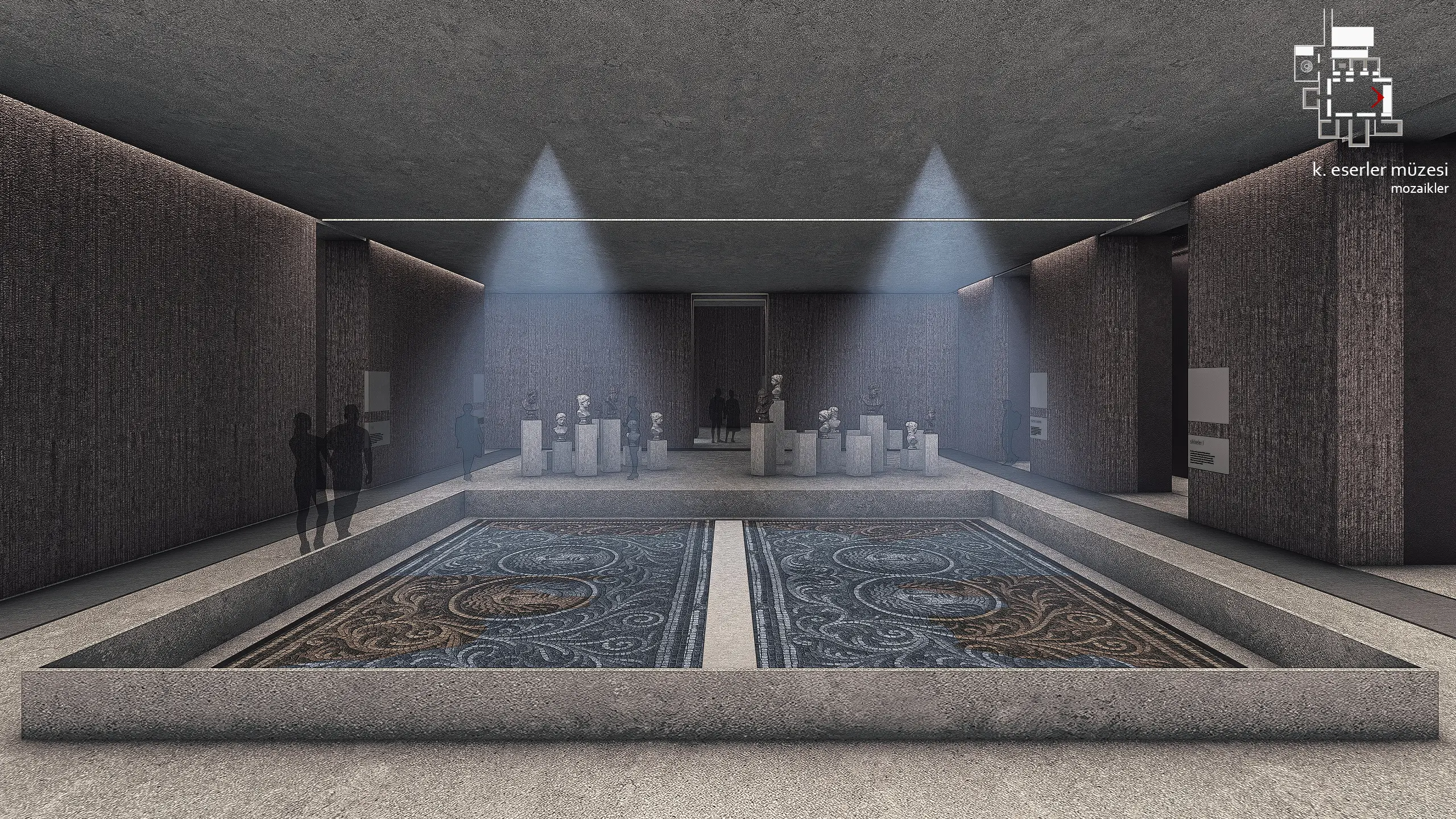 Small Finds Museum, hall displaying floor mosaics under beams of light