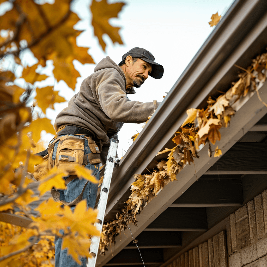 Worker removing debris from Ogden rain gutters