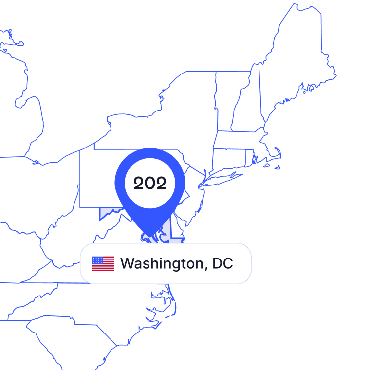 US map of 202 area code phone numbers and its coverage region