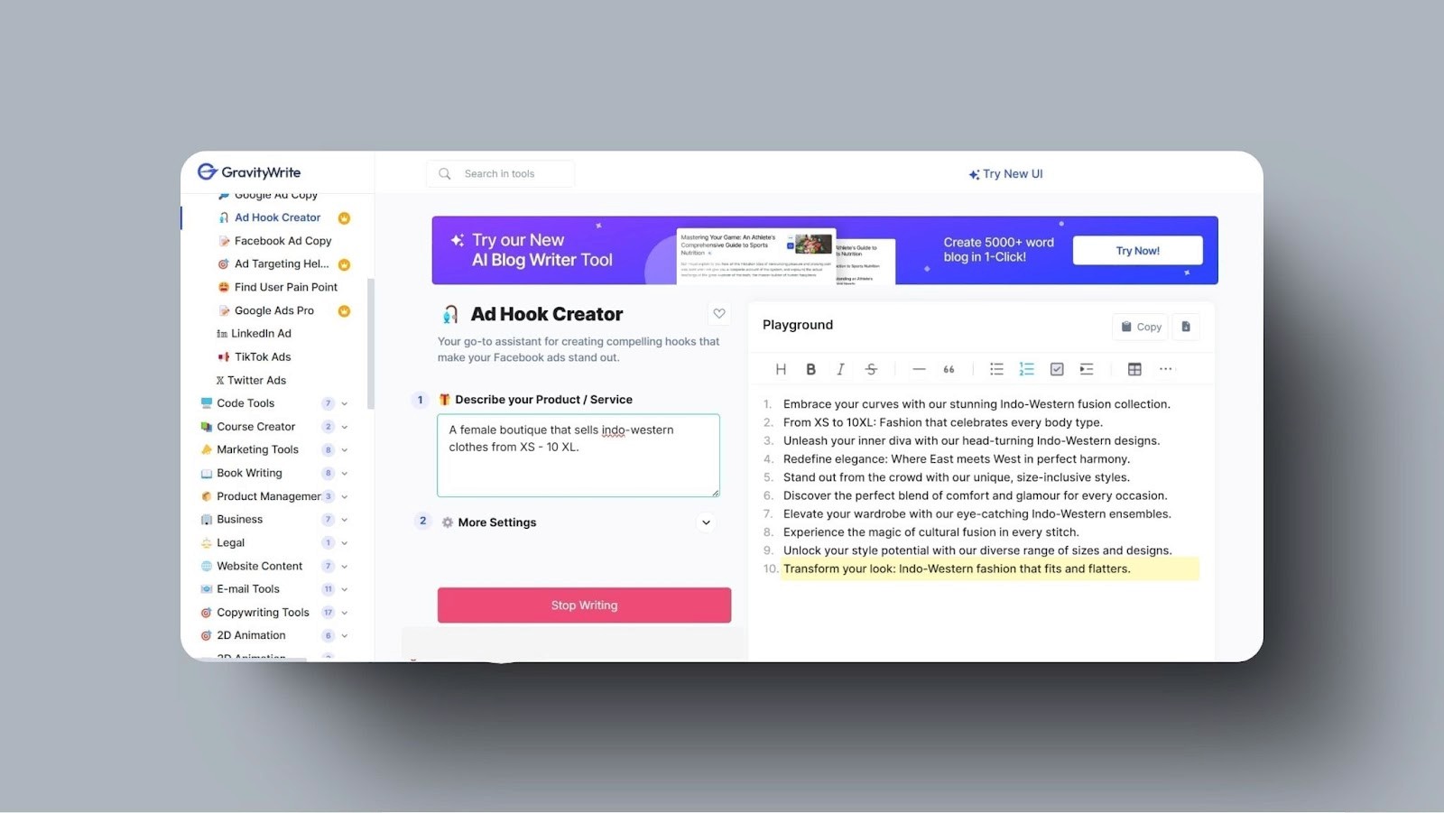 snapshot of GravityWrite's ad hook creator tool generating ad copy for a female boutique selling indo-western clothing from XS to 10XL.