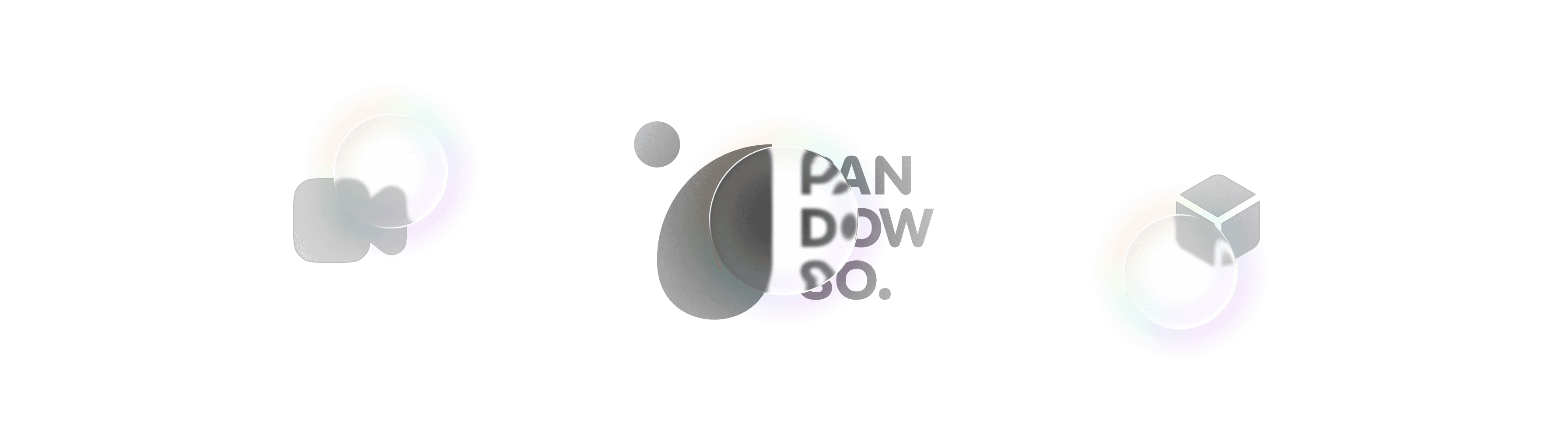 logo principal da empresa Pandowso, uma brand house especializada na construção de marcas com um vidro circular sobreposto. Ao fundo, é possível visualizar ícones de câmera e pacote sobrepostos por vidros.
