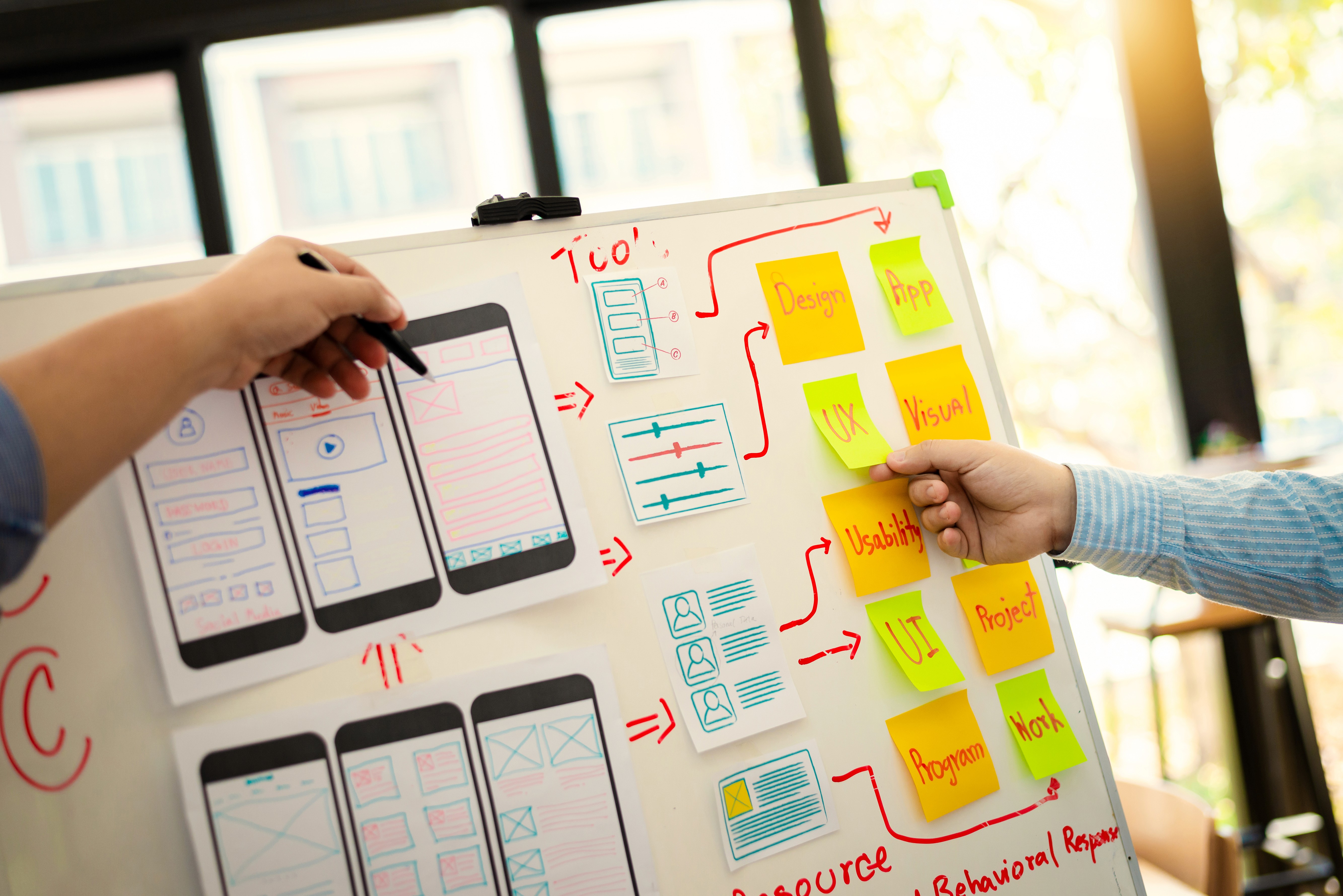 A close-up shot shows two people collaborating on a User Experience (UX) design brainstorm using a white whiteboard. One person uses a black marker to point at mobile app wireframe sketches pinned to the board, while the other person adjusts a bright green sticky note labeled "UX". The whiteboard is filled with hand-drawn flowcharts in red ink, several yellow and green sticky notes with terms like "Design," "App," "Visual," and "Usability," and smaller UI component diagrams. The setting is a brightly lit office with a blurred natural background visible through a window.