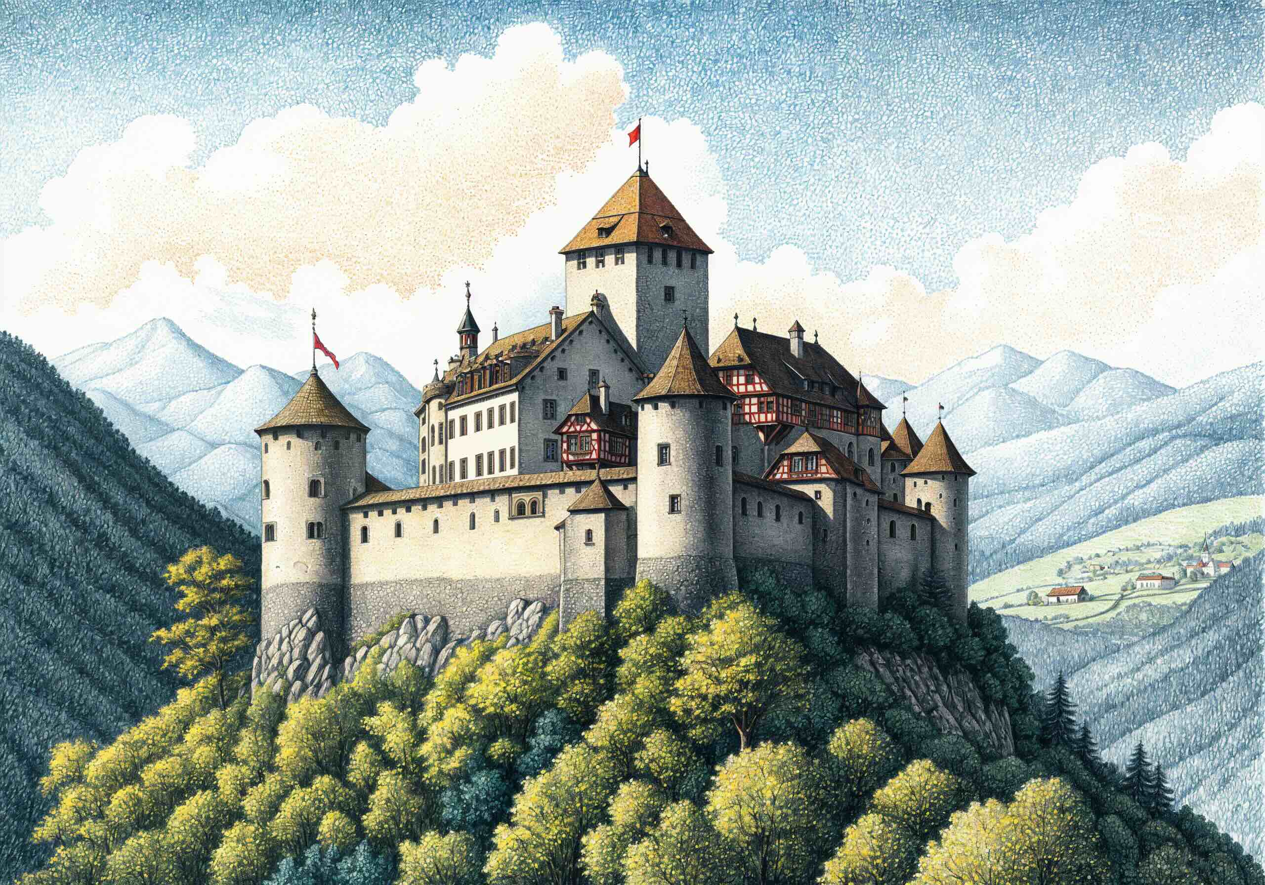 Detailed illustration of a medieval castle in Liechtenstein, perched atop a forested hill, surrounded by towering mountains under a bright sky.