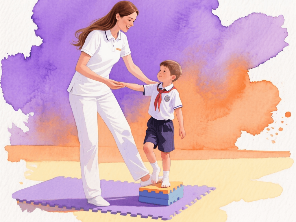 A physiotherapist assisting his patient in walking with proper posture.