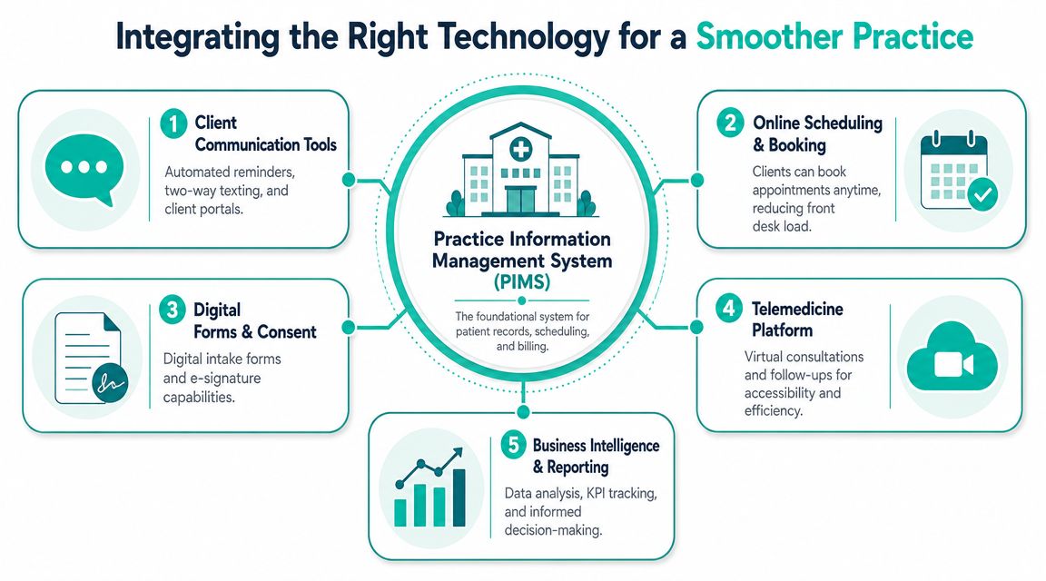 A diagram outlining five key technologies for managing veterinary or medical practices to improve operational efficiency.