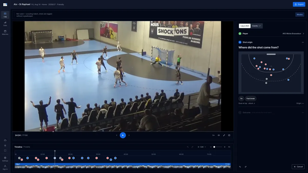 GLKPR Video Analyser: logging a shot's origin while the match video plays