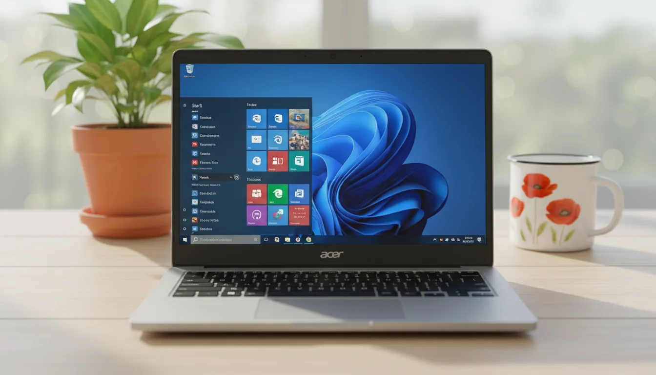 DSLR photography of a silver Acer Chromebook centered on a light wood grain desk. The screen is on, displaying the Windows 10 interface with the Start Menu open, showing colorful UI elements and abstracted app icons against the classic glowing blue window wallpaper. The scene is shot straight-on under soft, natural daylight. In the background, there is a terracotta pot with a plant, and to the right of the laptop is a white enamel mug with a red poppy design. The laptop is in sharp focus, with a shallow depth of field creating a soft bokeh background.