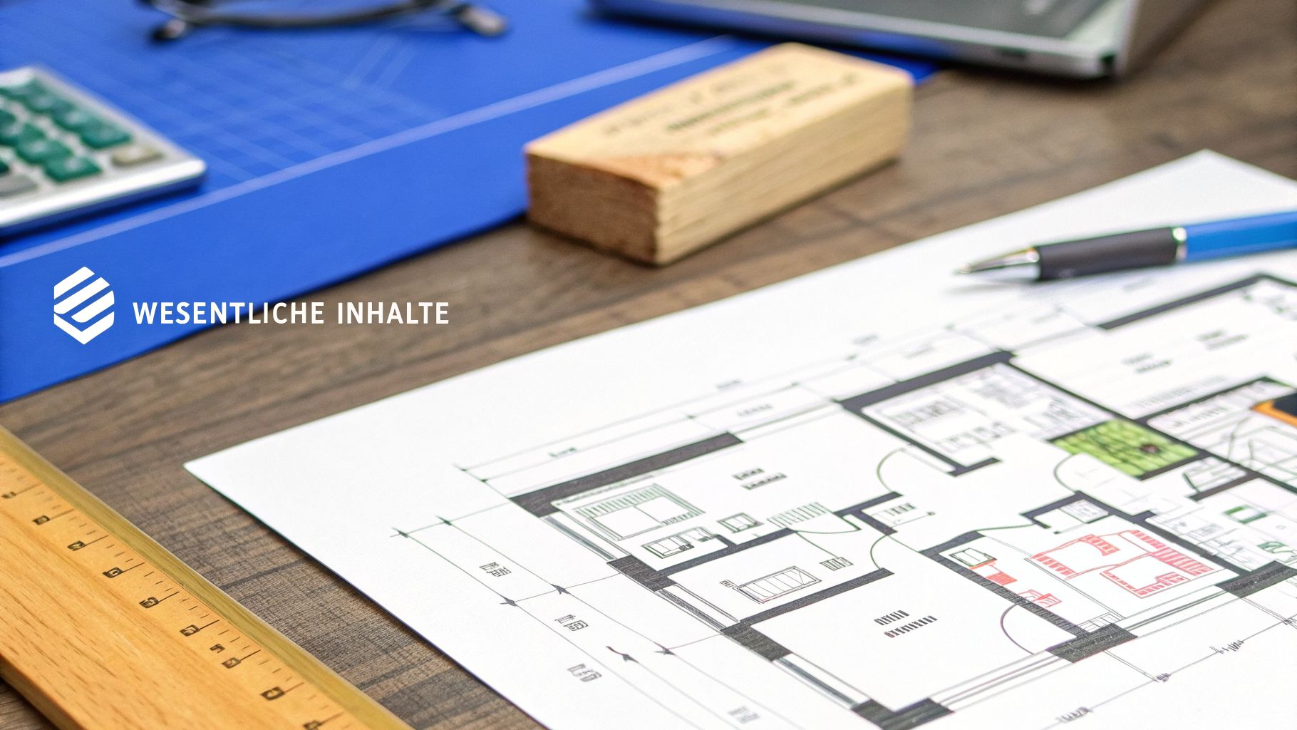 Nahaufnahme eines Bauplans oder Grundrisses auf einem Holztisch mit Lineal, Stift und dem Logo 'WESENTLICHE INHALTE'.