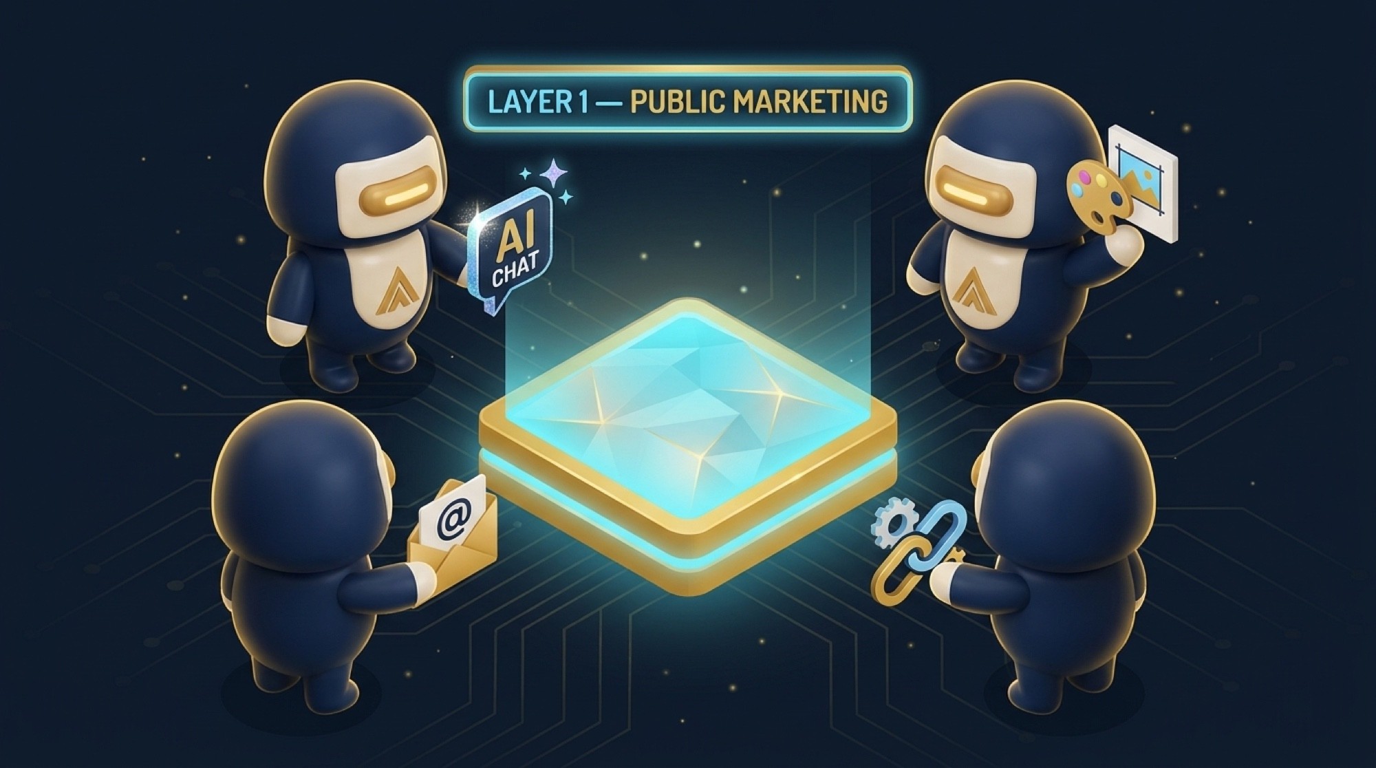 Four bean characters around a glowing platform holding tool icons under a banner that reads Layer 1 — Public Marketing