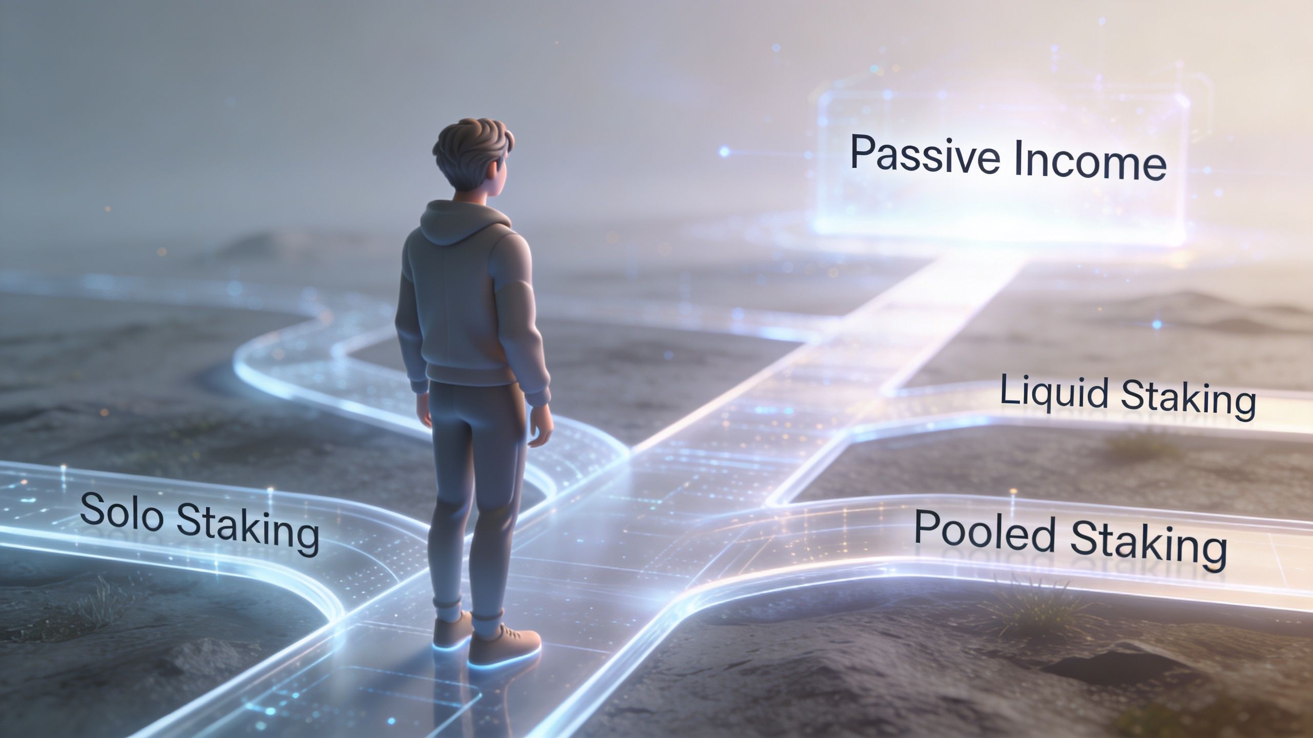 A 3D character standing at a crossroads choosing between solo staking, liquid staking, and pooled staking options.