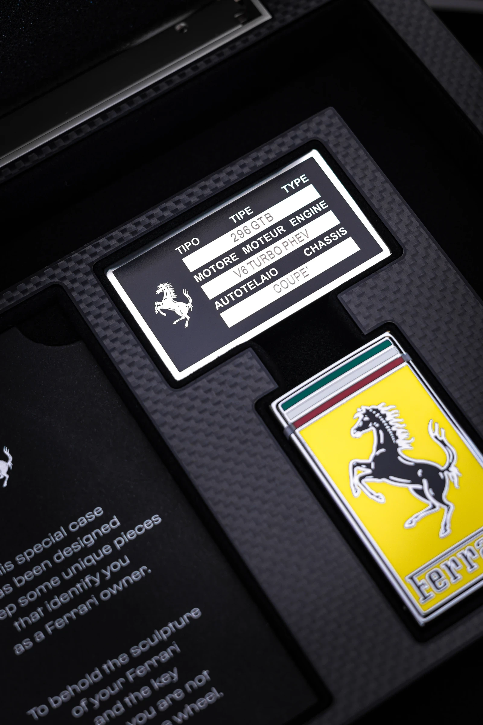 Ferrari key and 296 GTB plaque photographed by Andrew Hoersch