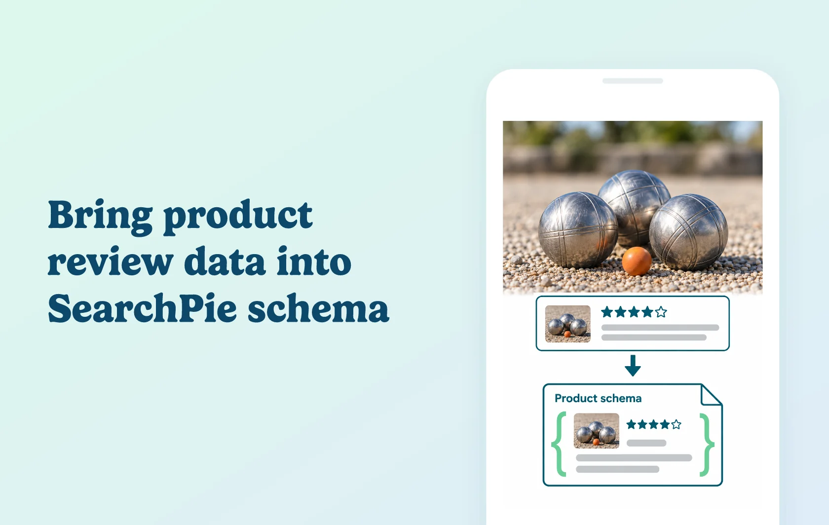 Judge.me and SearchPie (SEO Booster) integration: illustration of petanque balls and their product feedback connected to structured data.