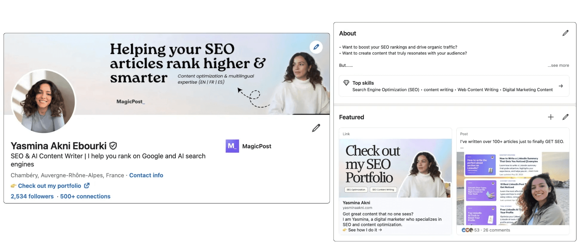 Yasmina Akni Ebourki's LinkedIn profile, showcasing the user's banner, profile picture, current role, current position, location, a link to a personal portfolio, and the about me and featured posts sections