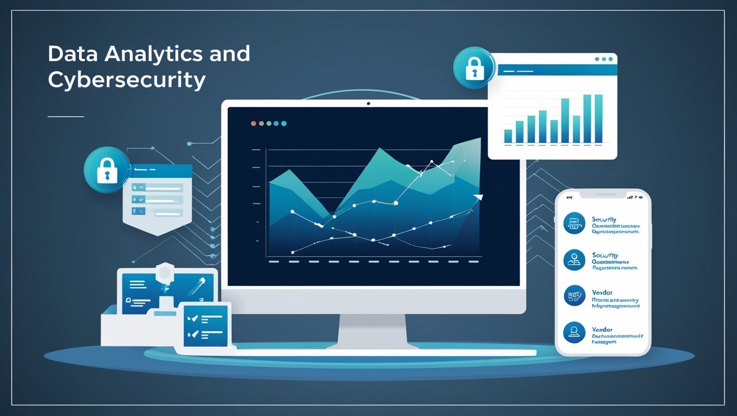 Illustration of data analytics and cybersecurity elements streamlining security questionnaires for vendor risk management.