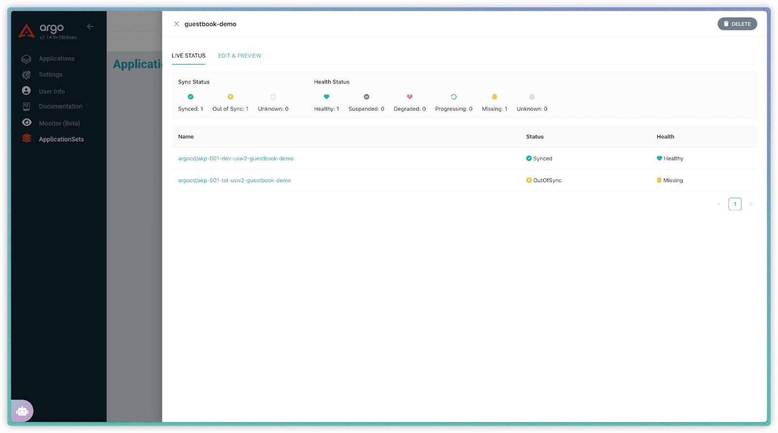 Aggregated sync and health status of applications in the ApplicationSet “guestbook”