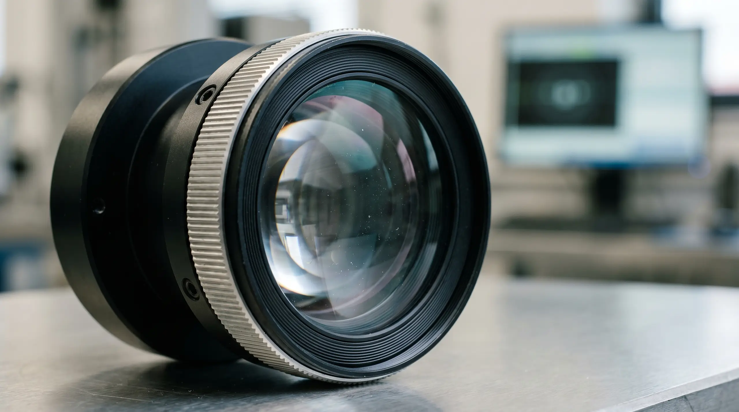 A close-up view of a black camera lens with textured focus ring and visible glass elements, set against a softly blurred building background.