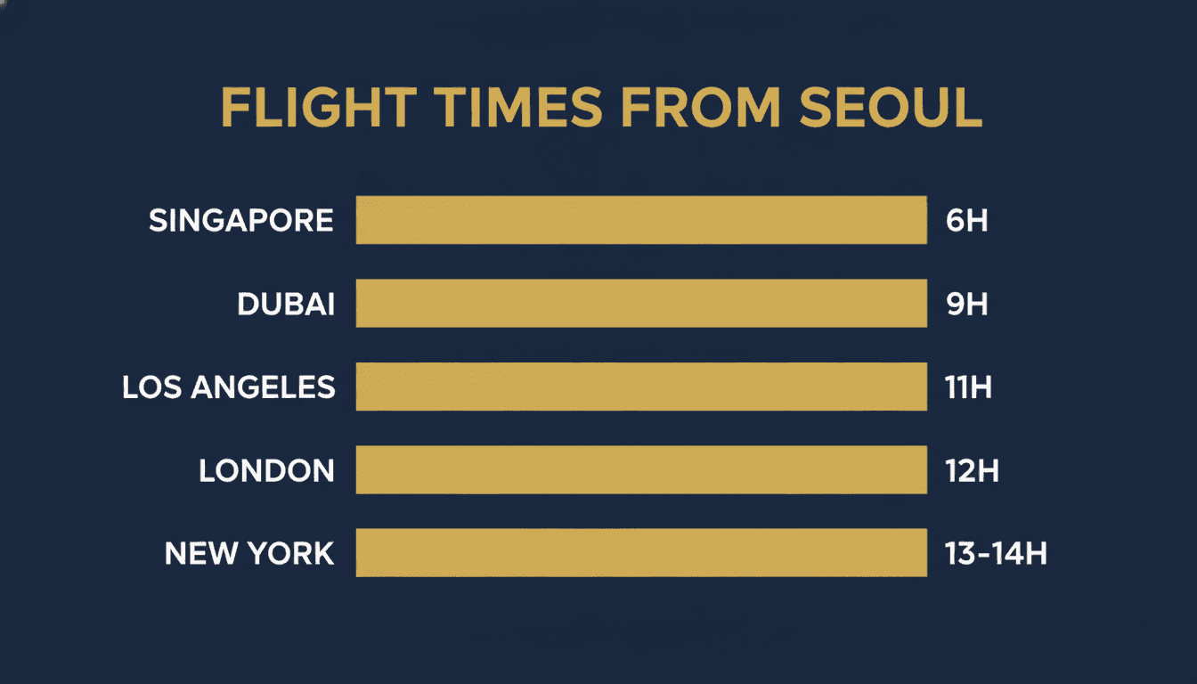 Chart comparing flight times from Seoul to major cities on a fast private jet