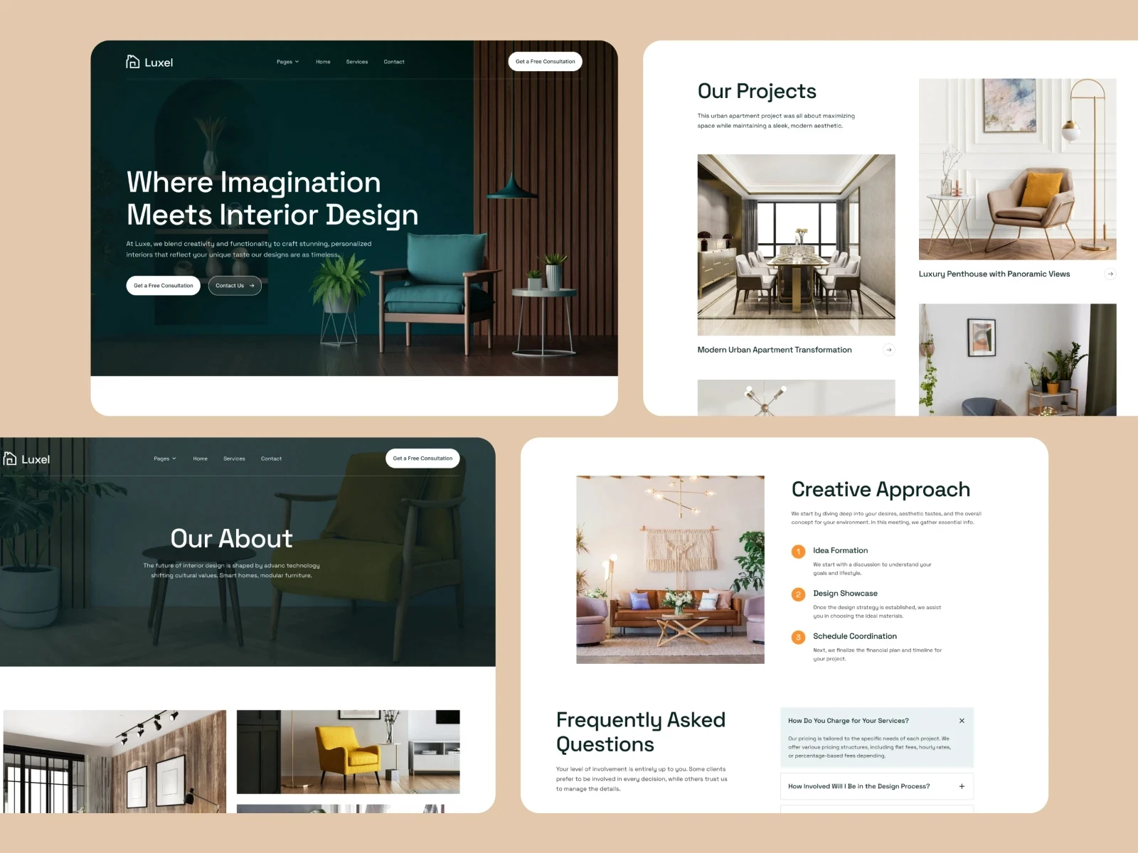 Luxel interior design website template featuring dark teal hero section and project galleries.