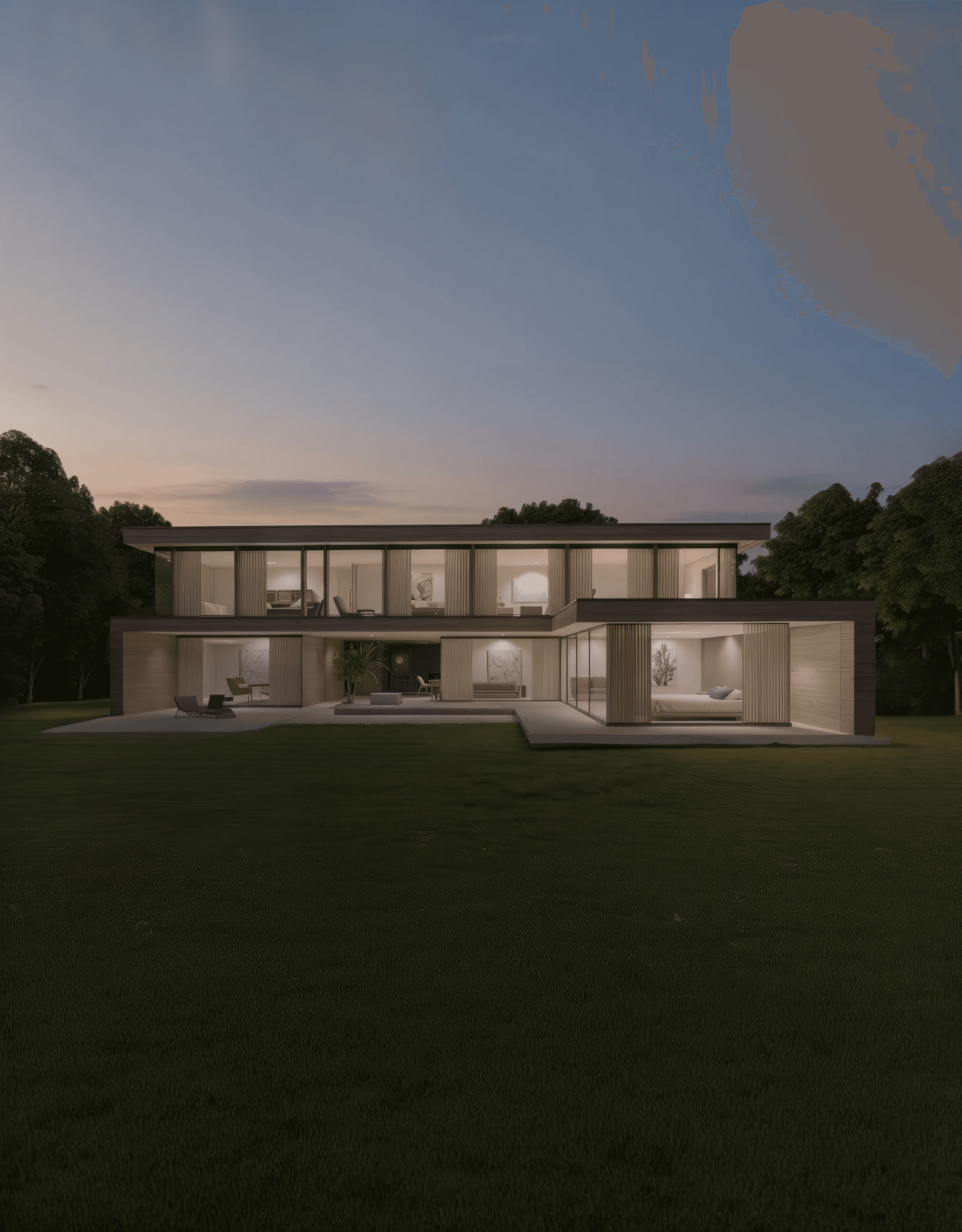 Moderne Bauhaus Villa mit warmer, einladender Beleuchtung bei Nacht
