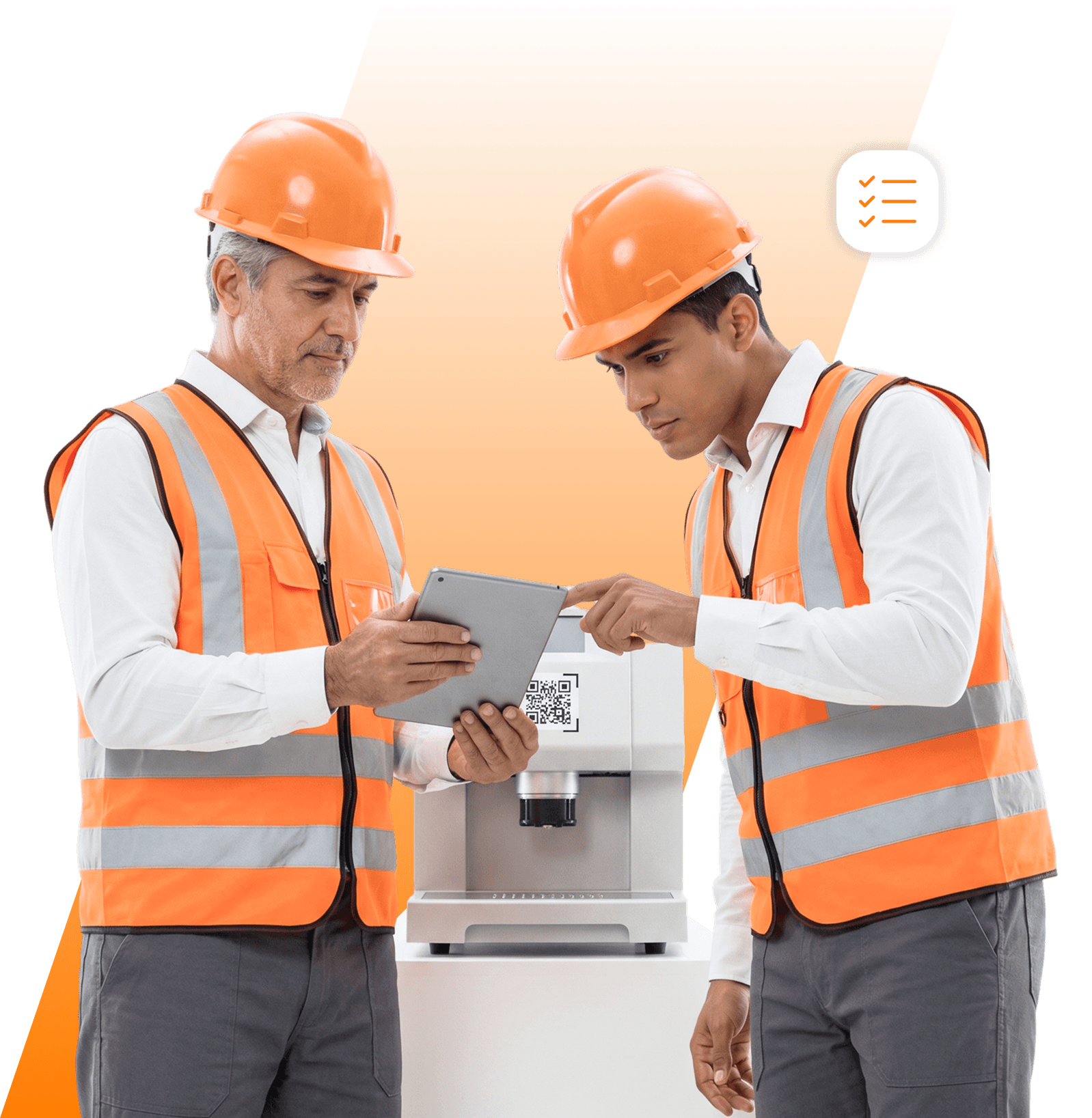 Trabalhador com capacete de segurança, mexendo no telefone, com símbolos do sistema Geequip ao redor