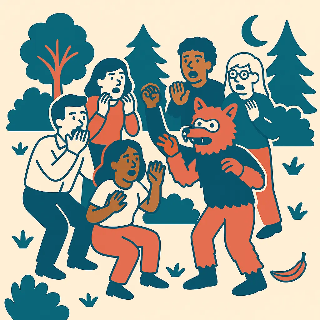 Équipe confrontée à un loup-garou lors d'un team building immersif et humoristique