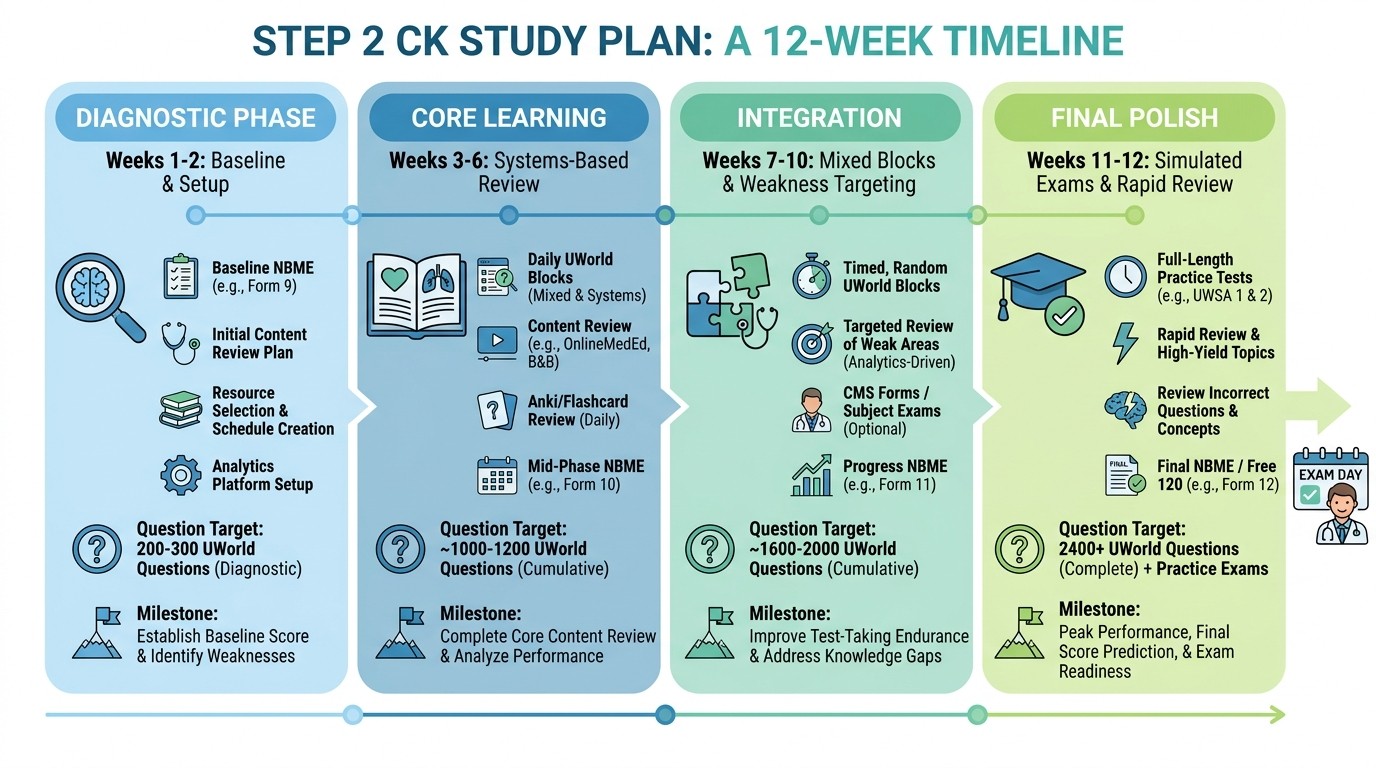USMLE Step 2 CK 12-week study plan timeline with phases and milestones