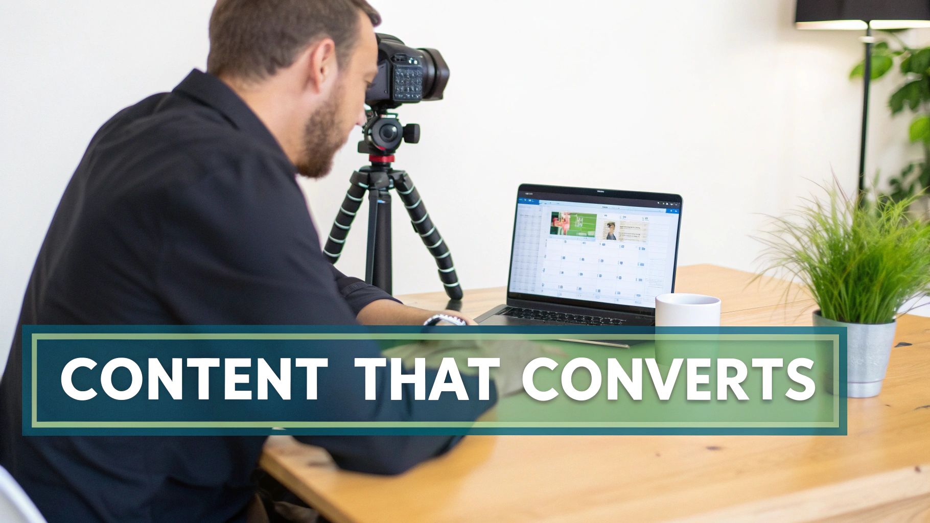 A man films himself with a camera and tripod, looking at a laptop displaying a content calendar.
