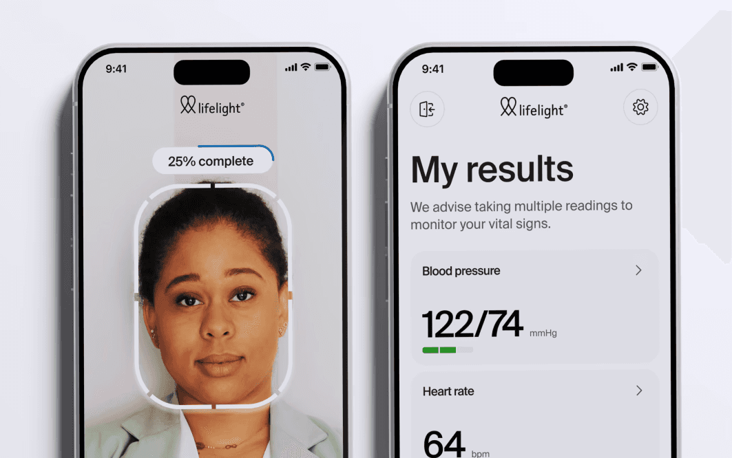 Two phones next to each other with Lifelight's UI design - one showing a woman's face being scanned, the other one her Results.