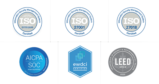 Certifications: ISO 27701-2019, ISO 27001, ISO27018, AICPA SOC, EWDCI Certificied, LEED Gold