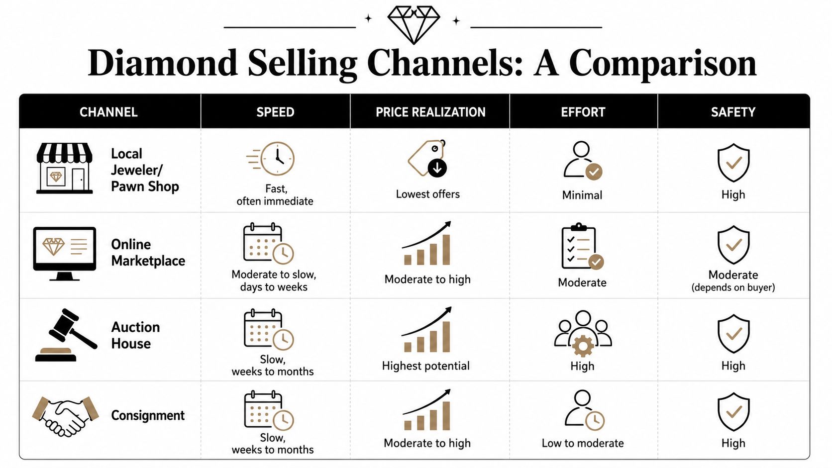 A comparison chart outlining four common diamond selling channels with their speed, price, effort, and safety ratings.