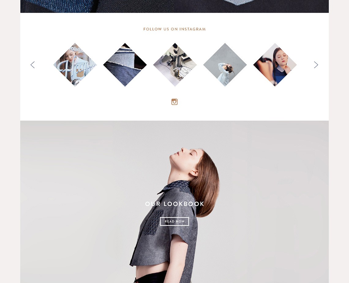 A woman with long brown hair is captured in a close-up, back-facing view, her head tilted upward and eyes closed. She is wearing a dark gray, short-sleeved top with a textured pattern. Above her image, the text "OUR LOOKBOOK" is displayed in white capital letters. Below the image, the text "FOLLOW US ON INSTAGRAM" appears in smaller white capital letters. Six smaller Instagram-style photos are arranged horizontally above the text, each showing a woman with varying facial expressions and hairstyles.
