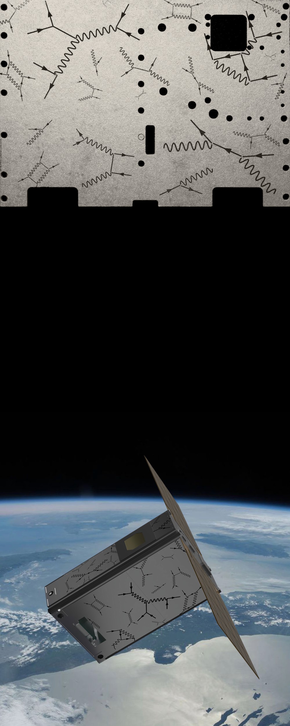 header image of the PACE / Feynman body panel and a simulation of the satellite